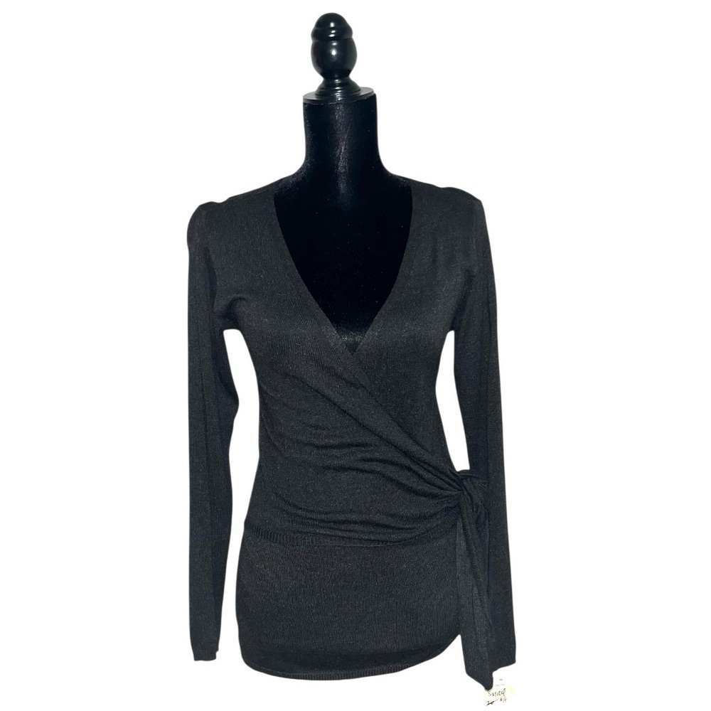 NWT Dress Forum Charcoal Fitted Wrap Side Tie V Neck Sweater Size S